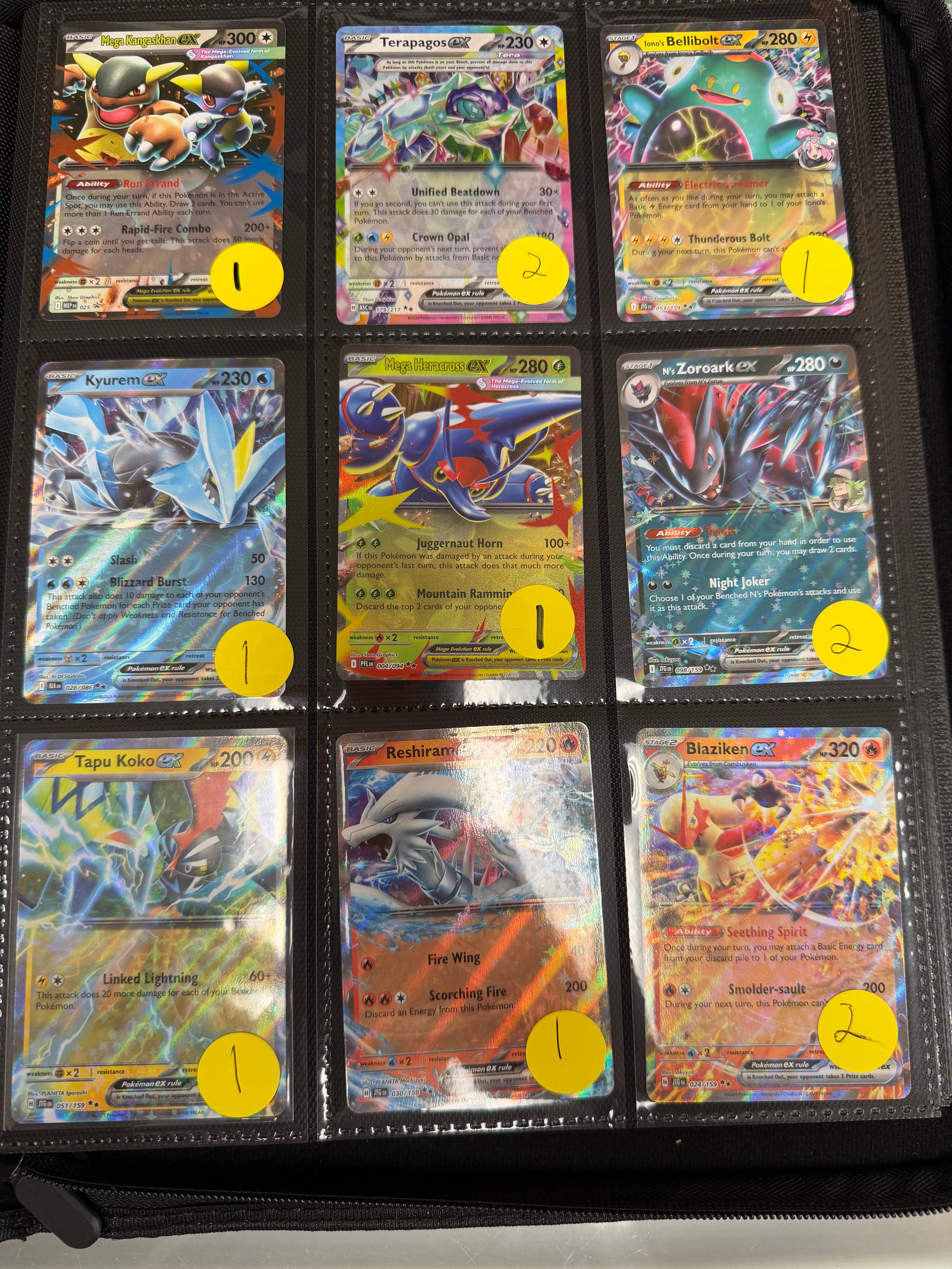Nine holographic Pokémon ex cards in a black binder page with yellow numbered stickers.